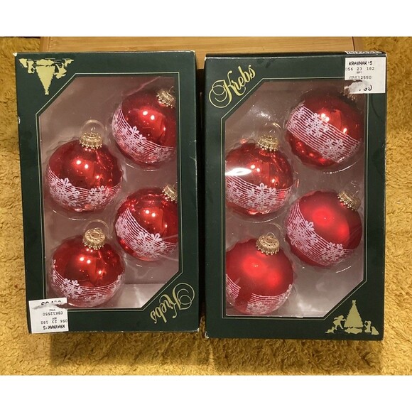 Krebs Glass Christmas Ornaments Brilliant Red Shine Balls With Blowing Snow X8 - Picture 1 of 7
